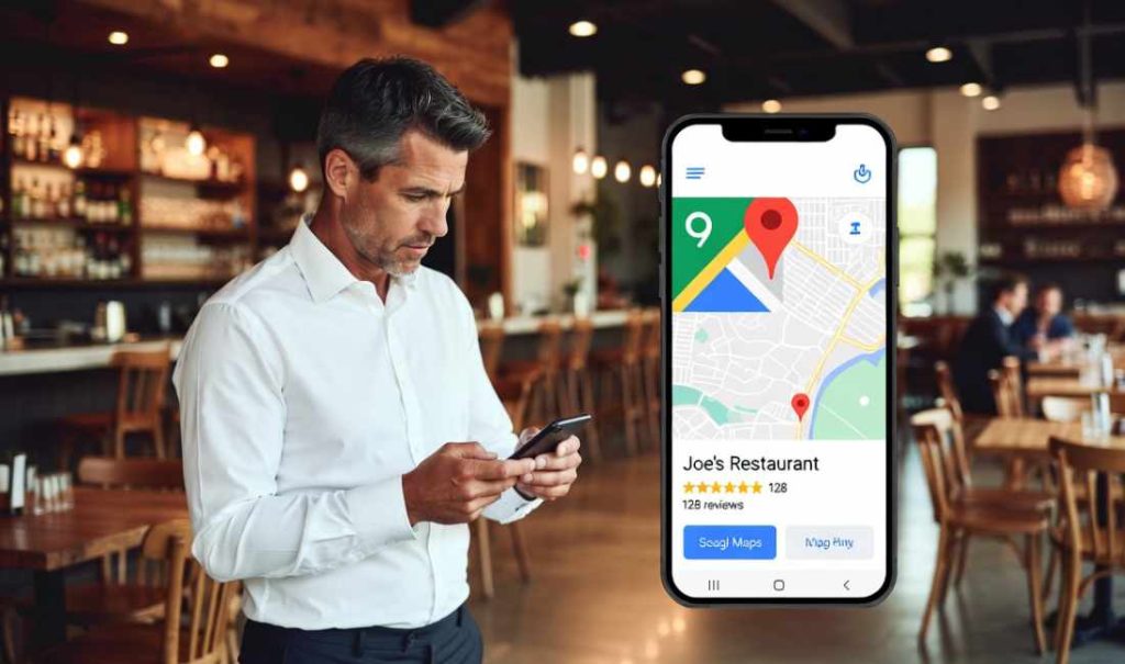 business owner looking at google maps on his phone; google business profile optimization